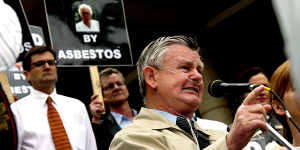 The late Bernie Banton (right) and then secretary of the ACTU,Greg Combet led the campaign against James Hardie Industries on behalf of workers who had contracted asbestos-related diseases. Banton died in 2007.