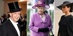 Stephen Jones at the Met Gala,the Queen at Royal Ascot in 2008 and Meghan,Duchess of Sussex,in a Stephen Jones for Christian Dior hat at the Queen’s funeral.