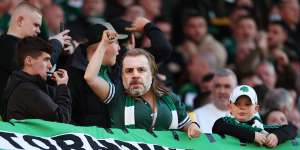 Celtic fans pay tribute to Ange Postecoglou during the Scottish Premiership match against Dundee United.