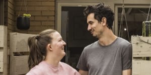 Rebecca and Jordan Smith outside their recently purchased three-bedroom townhouse in Ringwood East.