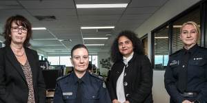 Assistant Commissioner Lauren Callaway (second from left) pictured this week at the Wyndham Multidisciplinary Centre for Sexual Assault alongside Eleri Butler,CEO Family Safety Victoria (left),Domestic Violence Victoria boss Tania Farha (second from right) and Deputy Comissioner Wendy Steendam.