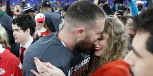 Travis Kelce and Taylor Swift at the AFC Championship Game on January 28,2024.