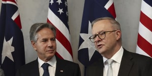 Australian Prime Minister Anthony Albanese (right) speaks to US Secretary of State Antony Blinken.