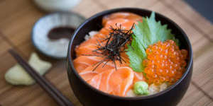 Adam Liaw's salmon oyakodon (salmon and roe rice bowl).