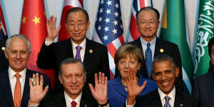 Mr Ban poses with global leaders,including former Australian PM Malcolm Turnbull,at a G-20 summit in Turkey in 2015. 