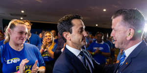 David Crisafulli greets his deputy Jarrod Bleijie at the LNP’s campaign launch in Ipswich,held on the last Sunday before the October election.