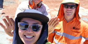 Auric Mining finance manager and joint company secretary Catherine Yeo,senior geologist Nicholas Snow and technical director John Utley (back) are all smiles during grade control drilling at the company’s Munda gold deposit.