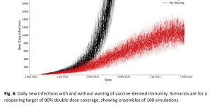 Detailed modelling shows how declining immunity rates may affect case numbers in Queensland into 2022.