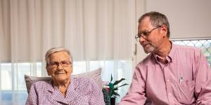 Andreas Makarewitsch,66,and his mother Anita,94,at her aged care facility in Geelong North.