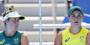 Storm Sanders and Ash Barty during their first round women’s doubles win.