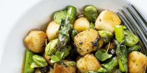 Gnocchi Parisienne with burnt butter and spring vegetables.