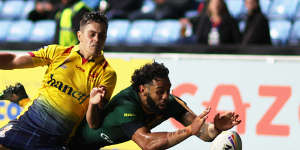 Josh Addo-Carr scores in Australia’s 84-0 Rugby League World Cup thumping of Scotland.