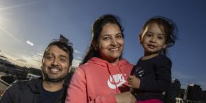 Neeraj Kumar,Aparna Thakur and their daughter Manasvi Bharadwaj have called Docklands home for six months.
