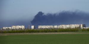 Smoke rises from the Metallurgical Combine Azovstal in Mariupol.
