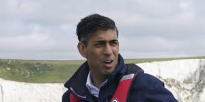 Britain’s Prime Minister Rishi Sunak on board a Border Agency vessel during a visit to Dover,England,in June as part of his “Stop the boats” campaign.