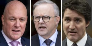 “We urge the Israeli government not to go down this path,” said New Zealand Prime Minister Christopher Luxon,left,Anthony Albanese,and Canadian Prime Minister Justin Trudeau,right.