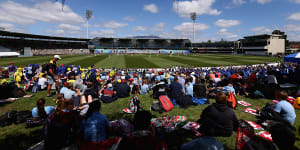 Fans fill the hill at Blundstone Arena during the last Test played in Hobart,between Australia and West Indies in 2015.