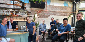 Matt Mullins,Andy Mullins and business partners Doug Maskiell and Tom Birch join Matt Skinner,Kevin Peters,Sarah Chan and Ash Hicks ahead of the reopening of The Espy in November 2018.