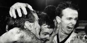 Full time ... Brothers Anthony and Terry Daniher join Barry Mitchell to celebrate NSW's win at the SCG last night.