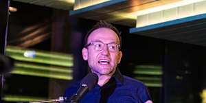 Australian Greens leader Adam Bandt speaking at the party’s campaign HQ in Melbourne on election night.