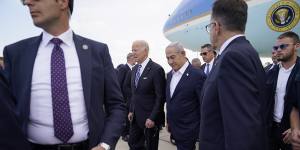 President Joe Biden is greeted by Israeli Prime Minister Benjamin Netanyahu after arriving at Ben Gurion International Airport,in Tel Aviv. 