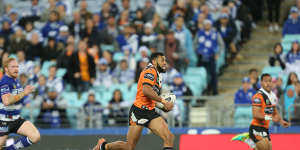 A runaway Josh Addo-Carr during his debut season with the Wests Tigers.