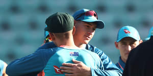 Todd Murphy and Matthew Renshaw hug after the former was capped to make his Test debut for Australia in Nagpur.