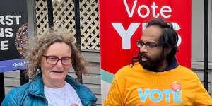 Yes volunteers outside a polling station in Melbourne’s northern suburbs.