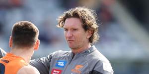 James Hird,chatting with Giants captain Stephen Coniglio,was back in the AFL fold last season.