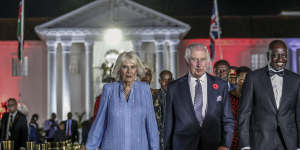 King Charles,Queen Camilla and Kenyan President William Ruto arrive for the state banquet at the State House in Nairobi,Kenya.