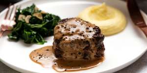 Creamy Paris mash (right) served with filet mignon with creamy peppercorn sauce,and garlic spinach.