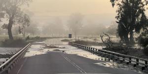 A flooded road in Gunnedah,in north-west NSW. 