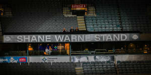 Shane Warne’s children unveil the new Shane Warne Stand at the MCG at the conclusion of the service on Wednesday evening.