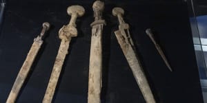 The four Roman-era swords and a javelin head were found during a recent excavation in a cave near the Dead Sea,in Jerusalem.