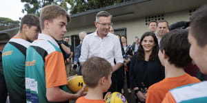 NSW Premier Dominic Perrottet in Concord with Liberal candidate Stephanie Di Pasqua on Thursday.