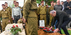 Israeli Prime Minister Benjamin Netanyahu at the funeral of Master Sergeant Gal Eisenkot on the weekend.