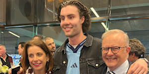 Sport Minister Anika Wells,Chicago Bulls star Josh Giddey and Prime Minister Anthony Albanese.