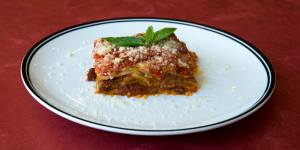 The lasagne is the less cloying,tomato-based style layered with bolognese sauce.