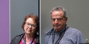 Marie Fuller and Ron Strauss who came from Sydney to attend the Medibank AGM on Wednesday