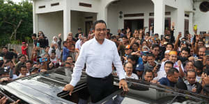 Anies Baswedan appears at a campaign rally in Bone Regency in South Sulawesi on Wednesday.