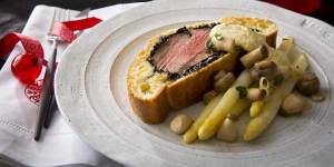 Boeuf en croute with horseradish cream and pickled mushrooms.