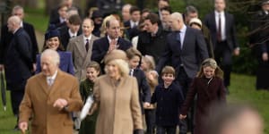 King Charles,Queen Camilla,Catherine,the Princess of Wales,Princess Charlotte,Prince George,Prince William,Prince Louis and Mia Tindall arrive to attend the Christmas Day service at St Mary Magdalene Church in Sandringham.
