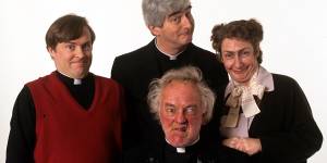 Ardal O’Hanlon (left) as the dim-witted Father Dougal in Father Ted.
