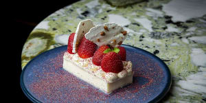 Layali luban (Nights of Lebanon) sees semolina rose pudding dressed up with pistachio meringue and summer berries.