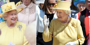 Queen Elizabeth II wearing the same yellow outfit to the wedding of Catherine Duchess of Cambridge,now the Princess of Wales,to Prince William (left) and on the 2011 royal tour of Australia.