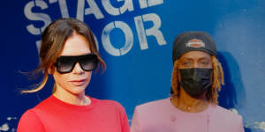 Victoria Beckham wearing a sweater from her collaboration with The Woolmark Company in New York.