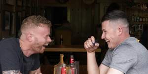 Jason Kerr and Conor Shortt enjoying a drink at Jimmy O’Neill’s in Acland Street,St Kilda. 