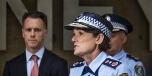 NSW Police Commissioner Karen Webb addresses the media beside Premier Chris Minns on Tuesday morning.