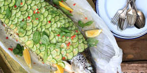 Whole salmon stuffed with lemon jasmine rice.