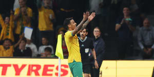 Keanu Baccus celebrates his goal for Australia.